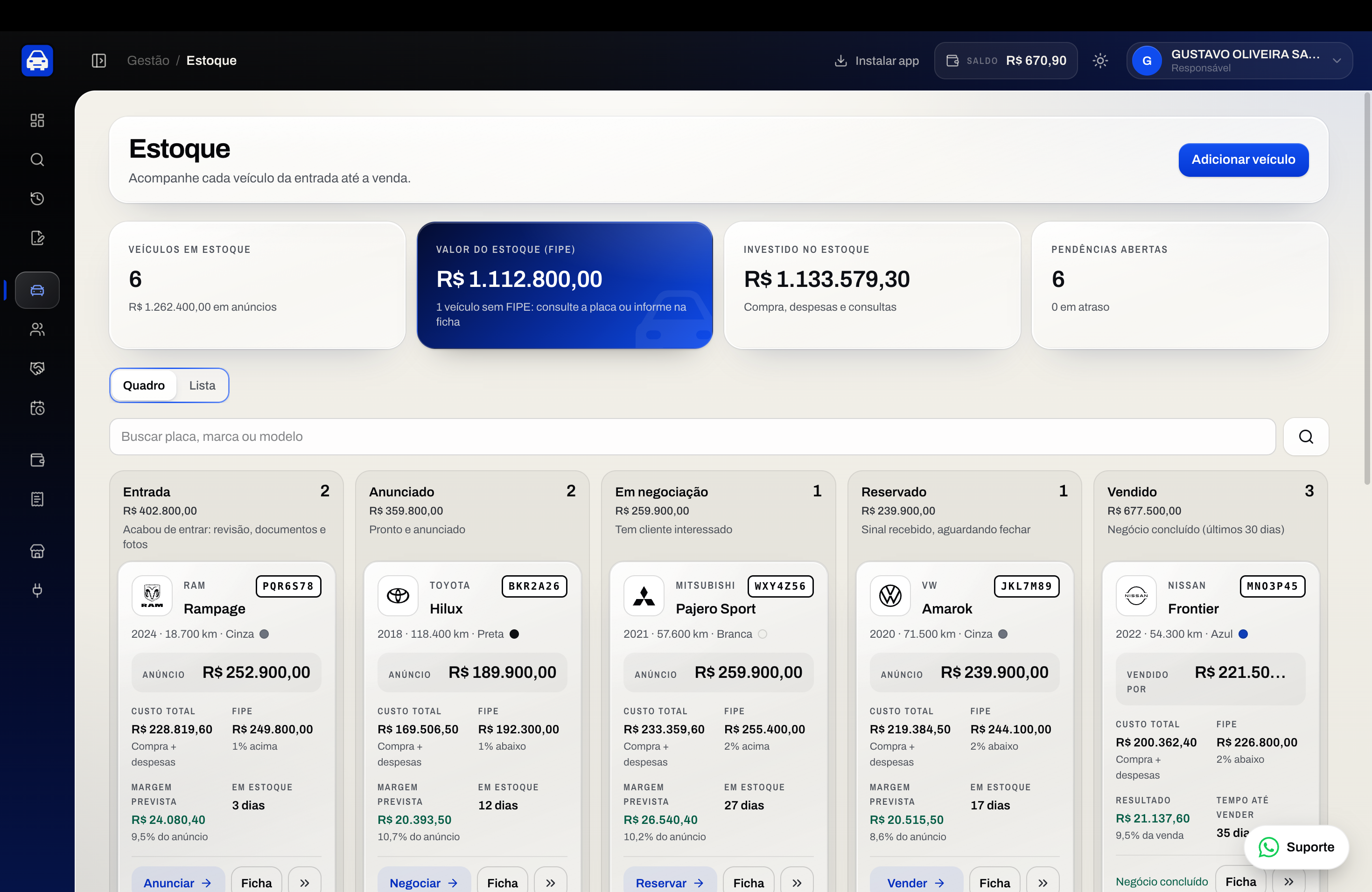 Estoque BUSKAR em kanban: entrada, anunciado, em negociação, reservado e vendido