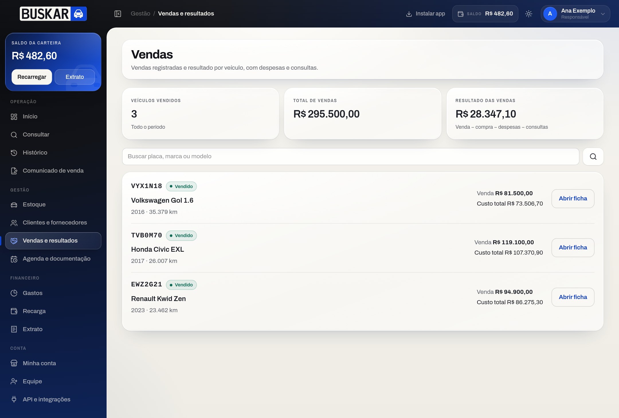 Tela completa de vendas e resultados BUSKAR
